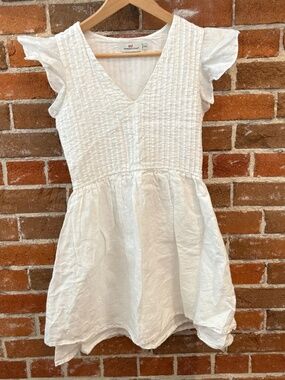 Vineyard Vines Linen Cotton V Neck Pintuck Mini Dress with Flutter Sleeves
